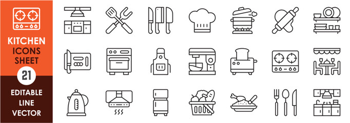 A set of line icons with kitchen items. Utensils, food, grocery, gas, stove, chimney, chopping board, coffee, oven and so on. Vector outline icons set.
