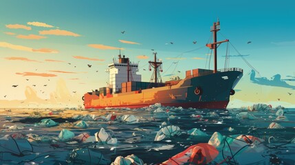 Cargo ship navigating through polluted ocean at sunset, highlighting environmental issues with plastic waste in water.
