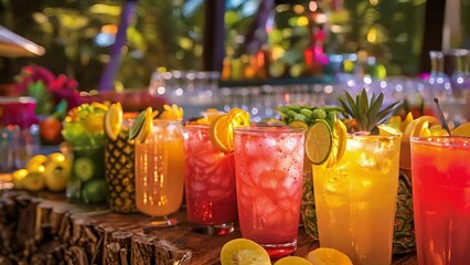 Visitors marvel at the vibrant colors of the tropical fruit spirits from deep ruby red to bright golden hues.
