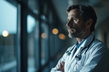 Doctor Man With Stethoscope In Hospital Background and blur background, AI-generated