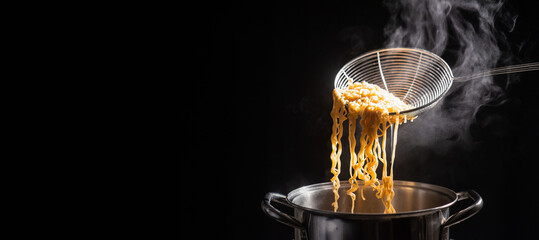 The cook is using a strainer to boil yellow noodles in a stainless steel pot that is boiling and...