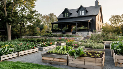 Obraz premium Traditional small wooden house in village / nature with vegetable garden and grass. Cottage style rural 