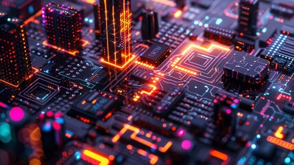 Fototapeta premium Futuristic Smart Cyber City: Innovative Urban Landscape in Digital Circuitry, futuristic technology concept, graphic banner design