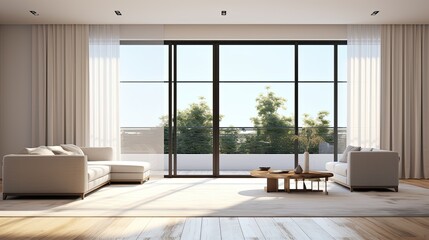 Fototapeta premium Large luxury modern bright interiors with huge windows, living room mockup