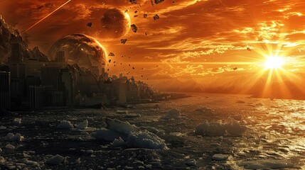 Dramatic post-apocalyptic sunrise with shattered planet in the sky over a desolate city and ocean landscape, evoking intense emotion and awe.