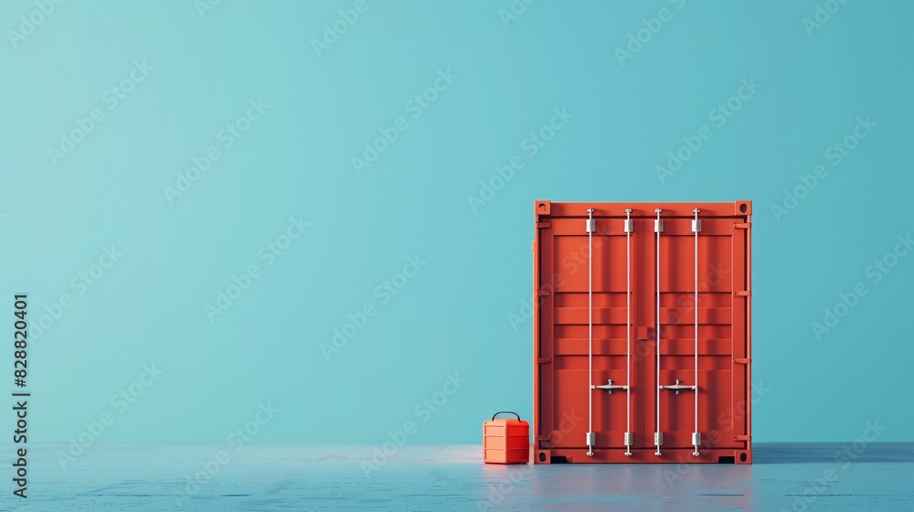 Poster minimalist image of a red shipping container and a red gasoline can against a bright blue background