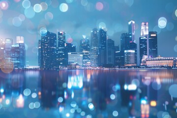 city with skyscrapers background illustration  view blue backdrop with bokeh and reflection