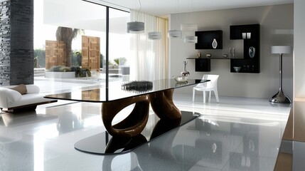 Sleek dining table with a glass top in a contemporary dining room
