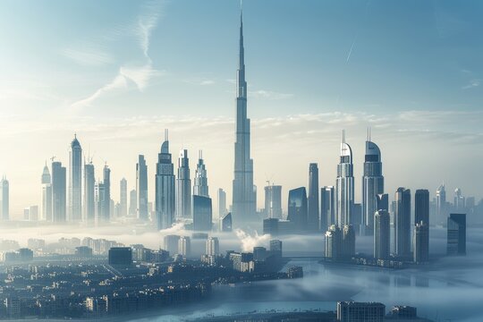 futuristic city with skyscrapers background illustration in early morning aerial view with fog and mist gray blue backdrop