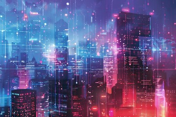 Fototapeta premium neon data visualization overlay on futuristic city with skyscrapers background illustration