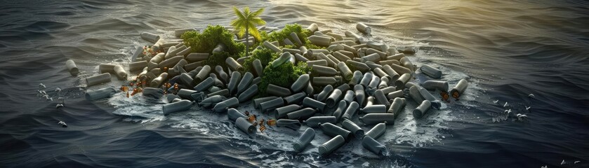Obraz premium Small island made of futuristic metallic blocks, with greenery and a couple of palm trees, surrounded by ocean water at sunset.