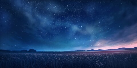 A serene nighttime landscape with a star-filled sky over a peaceful meadow under twilight hues
