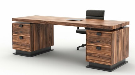 Sleek office desk with integrated drawers, isolated on a white studio background