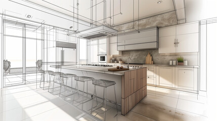 Perspective view of a contemporary kitchen with an island, stainless steel appliances, and bar stools , room interior