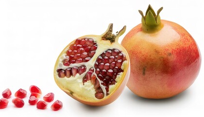 pomegranate - Punica granatum - isolated on a white background. The juicy arils of the fruit are eaten fresh, and the juice is the source of grenadine syrup, used in flavorings and liqueurs