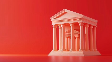 Fototapeta premium Minimalistic pink architectural model of a classical building with columns on a red background, ideal for educational and artistic purposes.