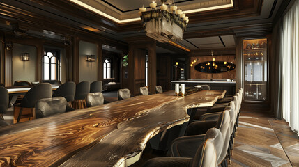 Fototapeta premium Perspective view of a spacious dining room with a long wooden table and elegant chairs , room interior
