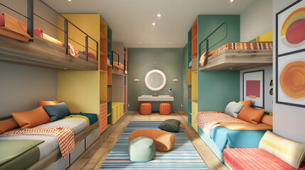 Perspective view of a children's room with bunk beds, colorful decor, and ample storage , room interior