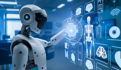 A Robot AI touching gears with business icons on a virtual screen, showing a professional marketing concept of project management and product development for a smart business strategy plan.