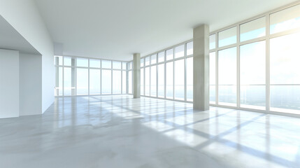 Fototapeta premium Perspective view of an empty room with large floor-to-ceiling windows and white walls , room interior design, perspective view