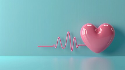 Pink heart with an ECG line on a turquoise background. Conceptual image of love, health, and heartbeat.