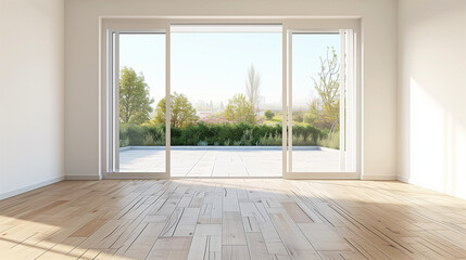 Fototapeta premium Perspective view of an empty room with a sliding glass door opening to a patio , room interior design, perspective view