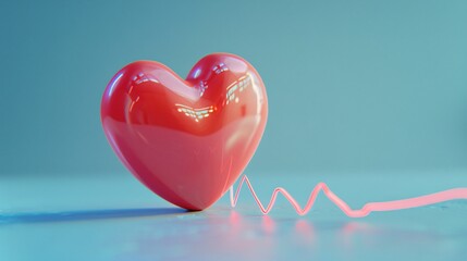 Red glossy heart with a pink lifeline on a blue background, symbolizing love, health, and emotion.