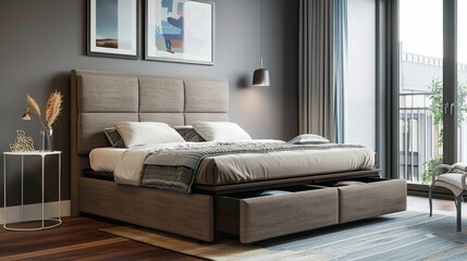 Stylish bed frame with integrated storage in a modern bedroom