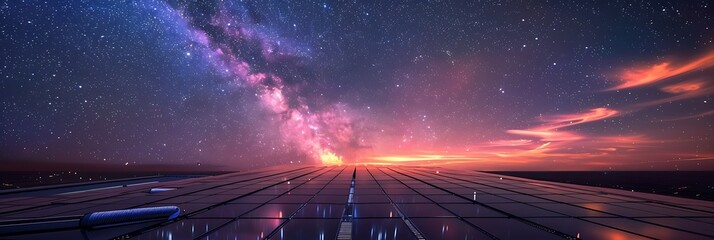 Solar panels on a rooftop absorbing starlight, converting it into vibrant energy streams against the Milky Way