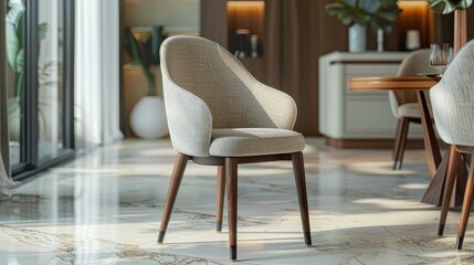 Stylish dining chair with a padded seat and backrest in a dining room