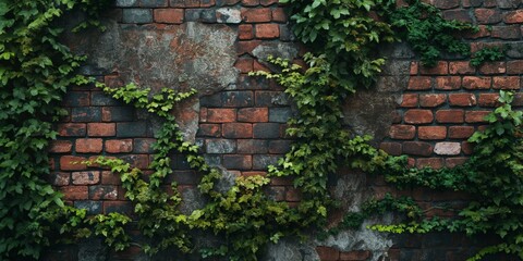 Old brick wall partially covered with creeping green ivy, symbolizing the passage of time and nature's resilience