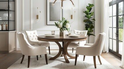 Stylish dining set with a round table and four chairs in a bright dining room