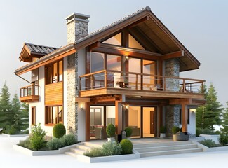 Modern Wooden House with Stone Facade and Large Windows