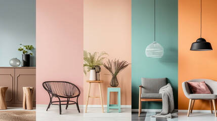 Colorful Chairs Against Multicolored Walls in Modern Interior