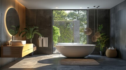 Modern bathroom with a freestanding bathtub, a wooden vanity with a circular mirror above it, and a large window that offers a view of greenery outside