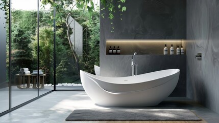 Modern bathroom with a freestanding white bathtub, a dark grey countertop with a built-in sink, and a row of glass windows that offer a view of a lush green garden