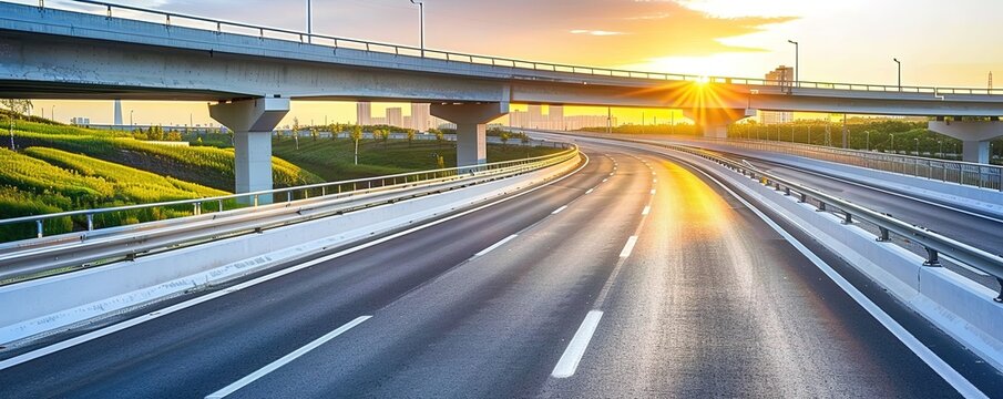 An empty overpass photographed with a sunset view in the background