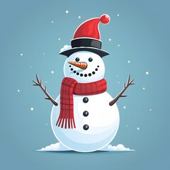 Happy smiling snowman on blue background. Generative AI.