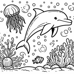 Naklejka premium Dolphin and Jellyfish in Underwater Scene - Kids' Coloring Book Page