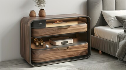 Fototapeta premium Stylish nightstand with an integrated charging station, isolated on a white studio background
