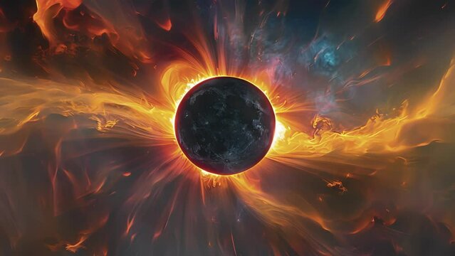 A stunning view of the suns corona glowing in vibrant colors around the edges of the moon during a solar eclipse.