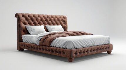 Fototapeta premium Stylish queen-size bed frame with an upholstered headboard, isolated on a white studio background