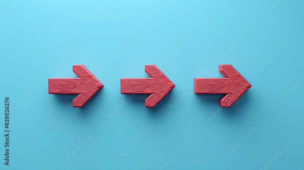 Poster three red arrows pointing to the right on a light blue background symbolizing direction, progress, a