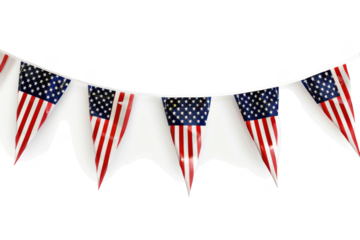 American flag bunting, isolated on solid white background, PNG di-cut style, realistic photo style, object as model