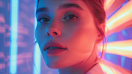 Fototapeta premium Young woman in infrared sauna urrounded by soft, warm light, self-care holistic health therapy comcept. Generative ai