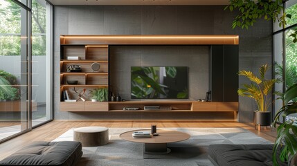 Stylish TV unit with drawers and shelves in a living room