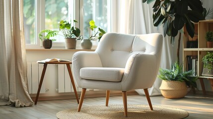 Fototapeta premium Stylish upholstered armchair with wooden legs in a cozy living room