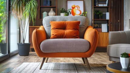 Stylish upholstered armchair with wooden legs in a cozy living room