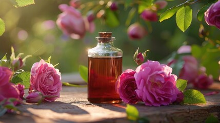 A flask of fragrant Rugosa rose essential oil