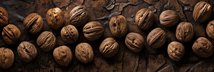 A panorama image showcasing a row of whole walnuts on a textured, rustic metal backdrop, highlighting texture and natural patterns - Powered by Adobe